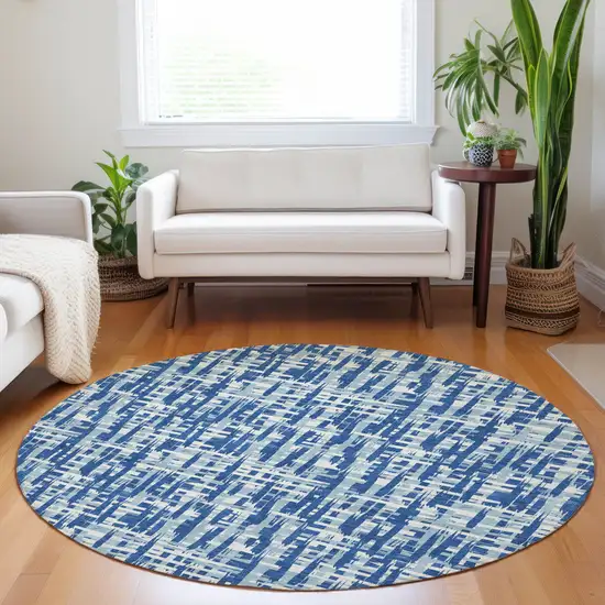 8' Blue And Ivory Round Abstract Washable Indoor Outdoor Area Rug Photo 8