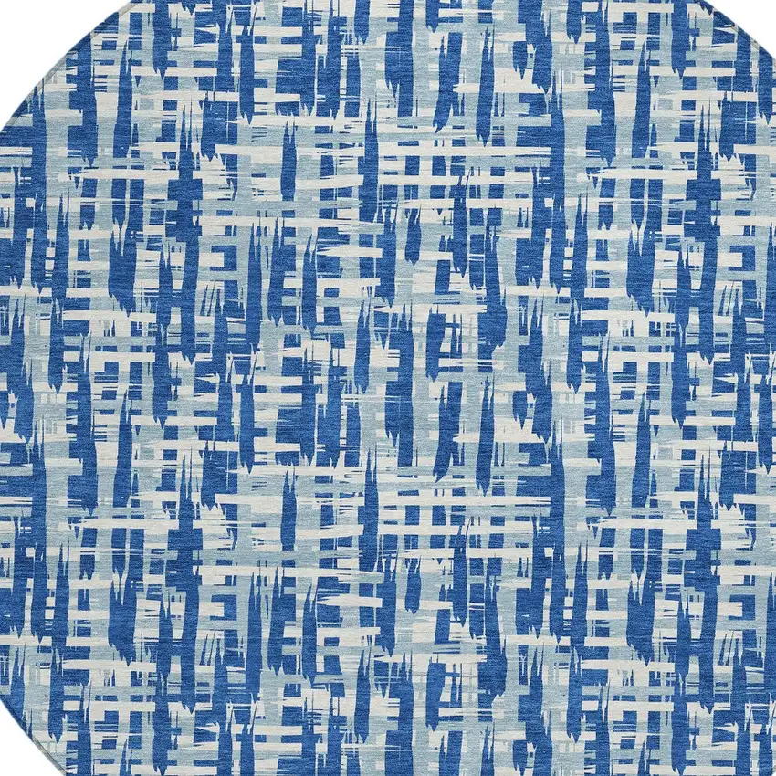 8' Blue And Ivory Round Abstract Washable Indoor Outdoor Area Rug Photo 5