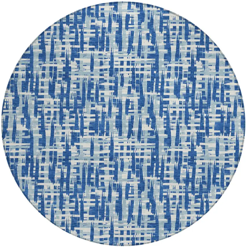 8' Blue And Ivory Round Abstract Washable Indoor Outdoor Area Rug Photo 2