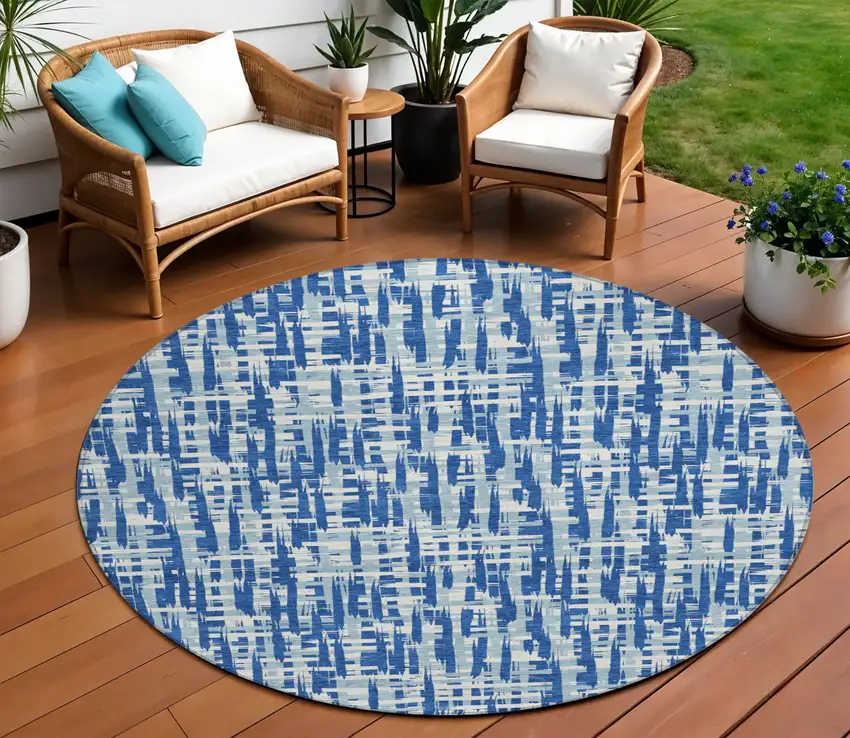 8' Blue And Ivory Round Abstract Washable Indoor Outdoor Area Rug Photo 1