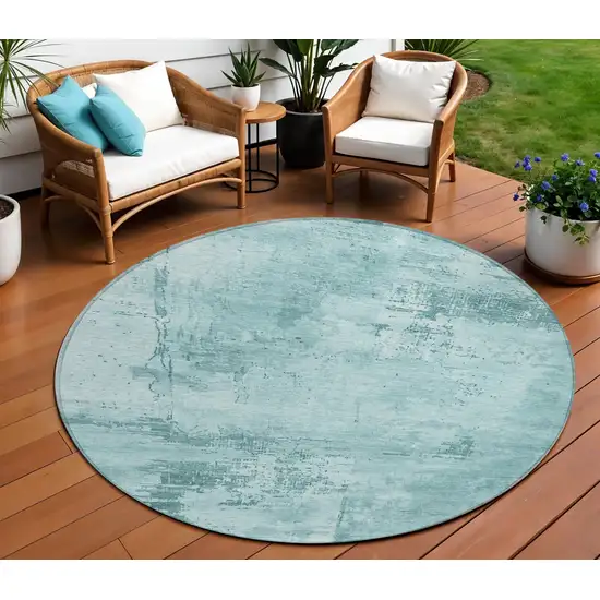 8' Blue And Ivory Round Abstract Washable Indoor Outdoor Area Rug Photo 1