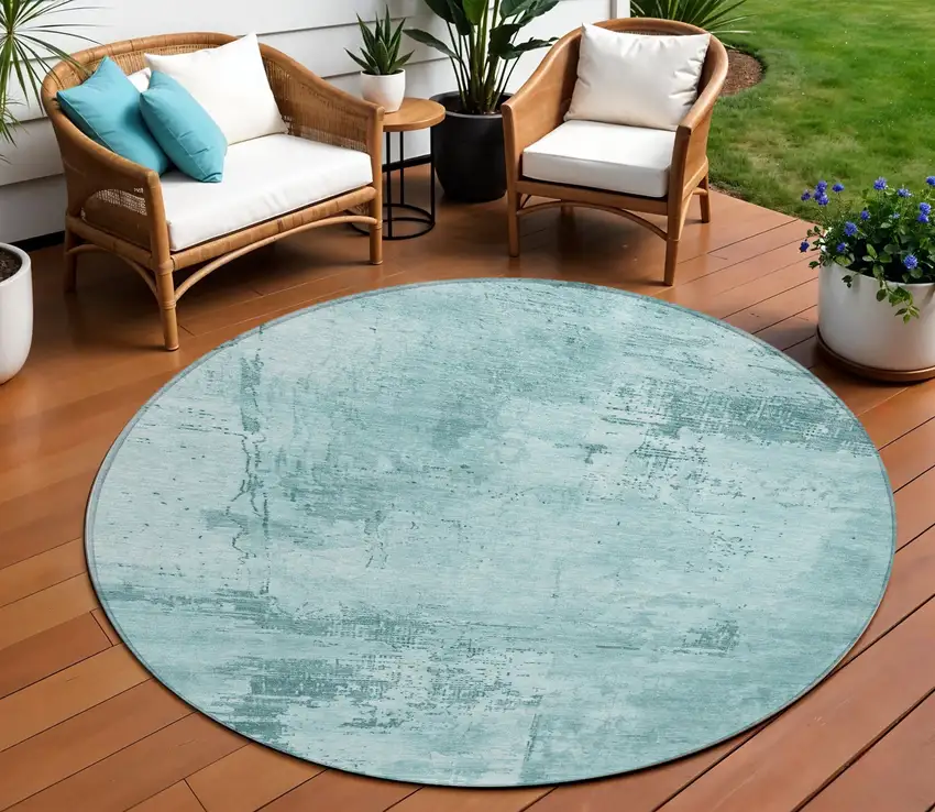8' Blue And Ivory Round Abstract Washable Indoor Outdoor Area Rug Photo 1