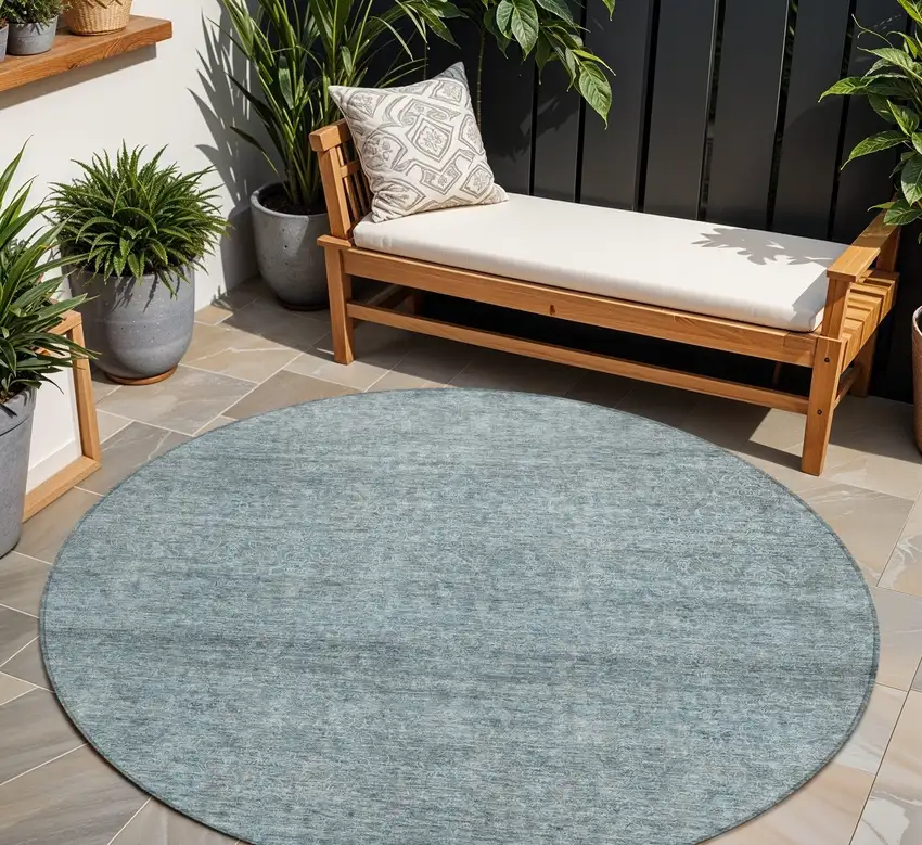 8' Blue And Ivory Round Abstract Washable Indoor Outdoor Area Rug Photo 1