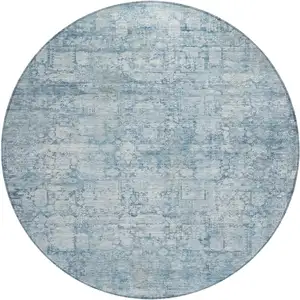 Photo of 8' Blue And Ivory Round Abstract Washable Indoor Outdoor Area Rug