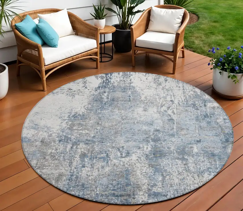 8' Blue And Ivory Round Abstract Washable Indoor Outdoor Area Rug Photo 2