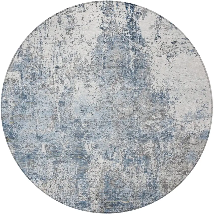 8' Blue And Ivory Round Abstract Washable Indoor Outdoor Area Rug Photo 3