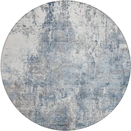 8' Blue And Ivory Round Abstract Washable Indoor Outdoor Area Rug Photo 1