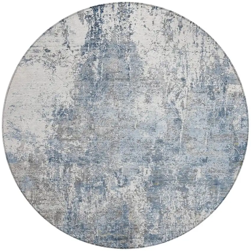 8' Blue And Ivory Round Abstract Washable Indoor Outdoor Area Rug Photo 4