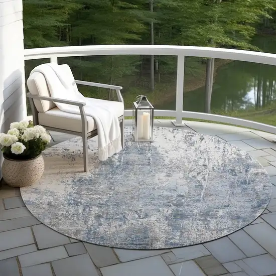 8' Blue And Ivory Round Abstract Washable Indoor Outdoor Area Rug Photo 5