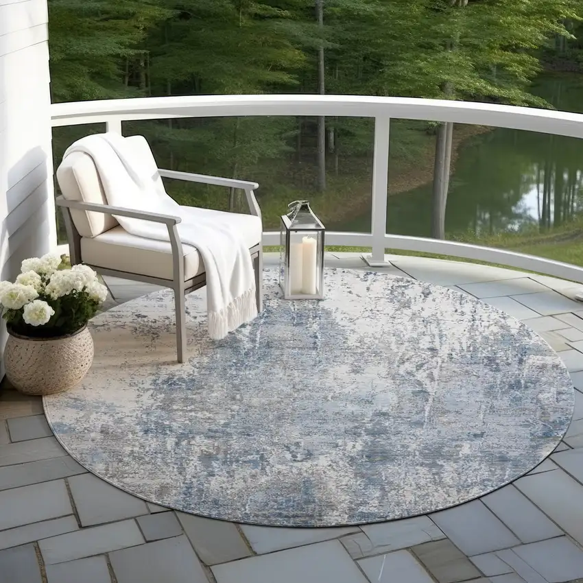 8' Blue And Ivory Round Abstract Washable Indoor Outdoor Area Rug Photo 5
