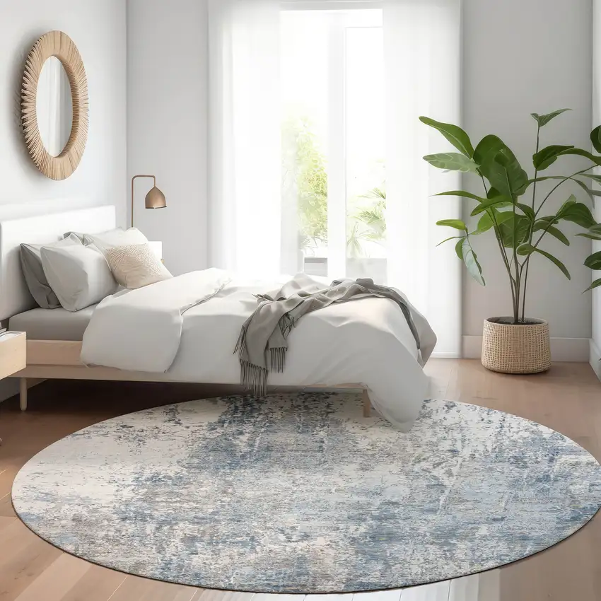 8' Blue And Ivory Round Abstract Washable Indoor Outdoor Area Rug Photo 6