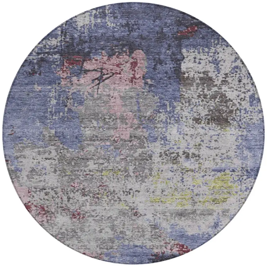 8' Blue And Ivory Round Abstract Washable Indoor Outdoor Area Rug Photo 3