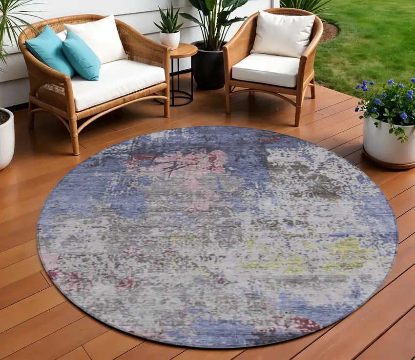 8' Blue And Ivory Round Abstract Washable Indoor Outdoor Area Rug Photo 2