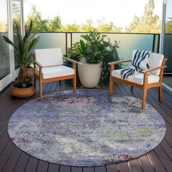 8' Blue And Ivory Round Abstract Washable Indoor Outdoor Area Rug Photo 5