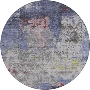 Photo of 8' Blue And Ivory Round Abstract Washable Indoor Outdoor Area Rug