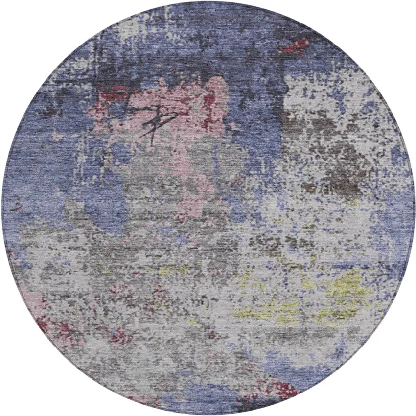 8' Blue And Ivory Round Abstract Washable Indoor Outdoor Area Rug Photo 1