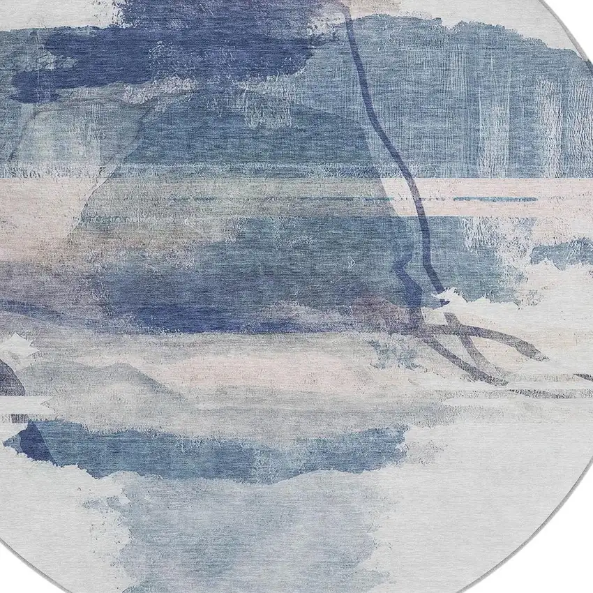 8' Blue And Ivory Round Abstract Washable Indoor Outdoor Area Rug Photo 8