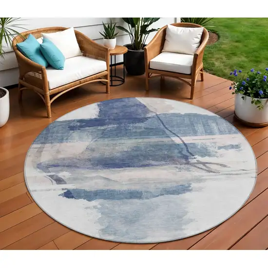 8' Blue And Ivory Round Abstract Washable Indoor Outdoor Area Rug Photo 2