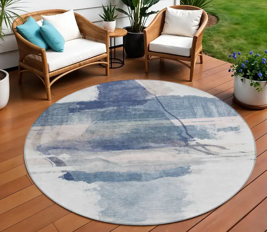 8' Blue And Ivory Round Abstract Washable Indoor Outdoor Area Rug Photo 2