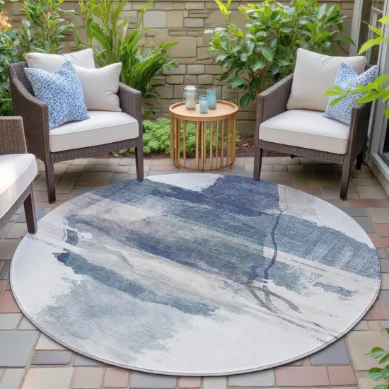 8' Blue And Ivory Round Abstract Washable Indoor Outdoor Area Rug Photo 5