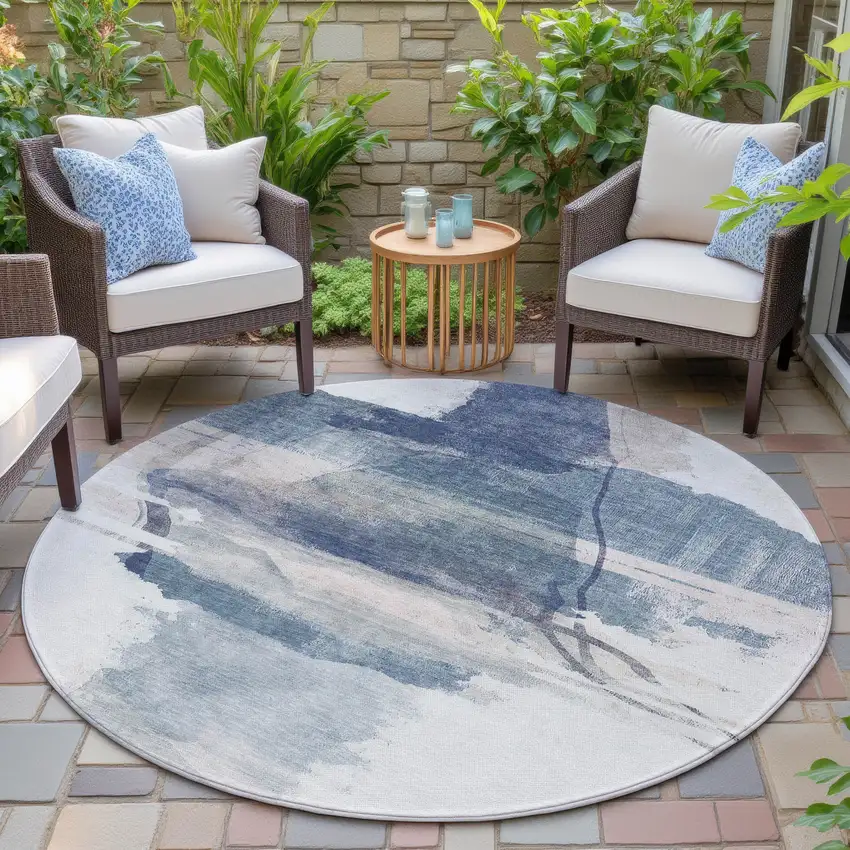 8' Blue And Ivory Round Abstract Washable Indoor Outdoor Area Rug Photo 5