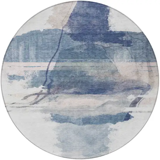 8' Blue And Ivory Round Abstract Washable Indoor Outdoor Area Rug Photo 3