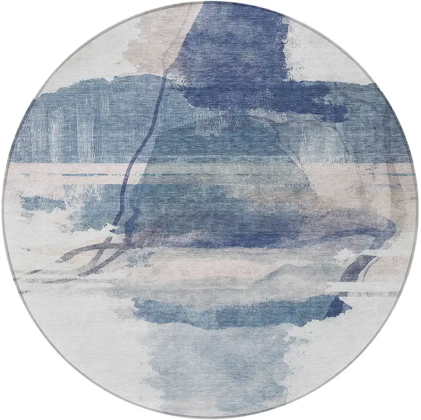 8' Blue And Ivory Round Abstract Washable Indoor Outdoor Area Rug Photo 3