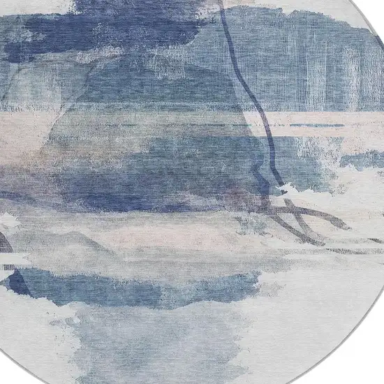 8' Blue And Ivory Round Abstract Washable Indoor Outdoor Area Rug Photo 4