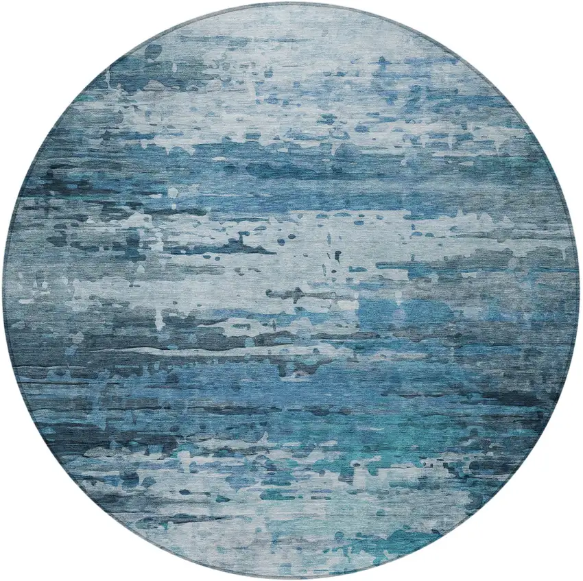 8' Blue And Ivory Round Abstract Washable Indoor Outdoor Area Rug Photo 3