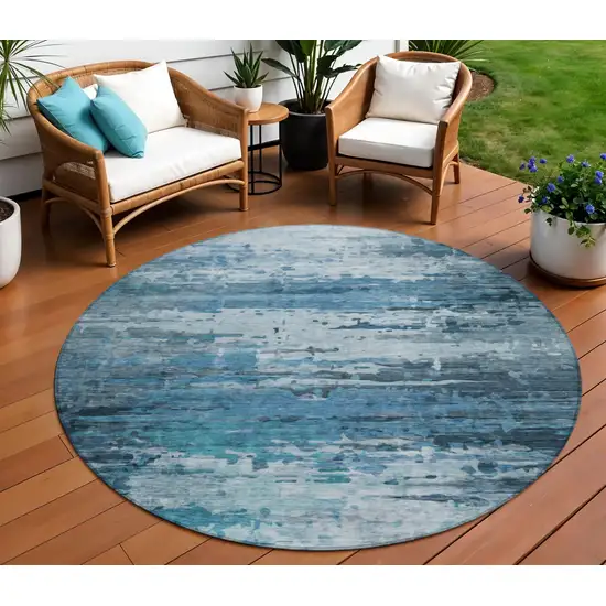 8' Blue And Ivory Round Abstract Washable Indoor Outdoor Area Rug Photo 2
