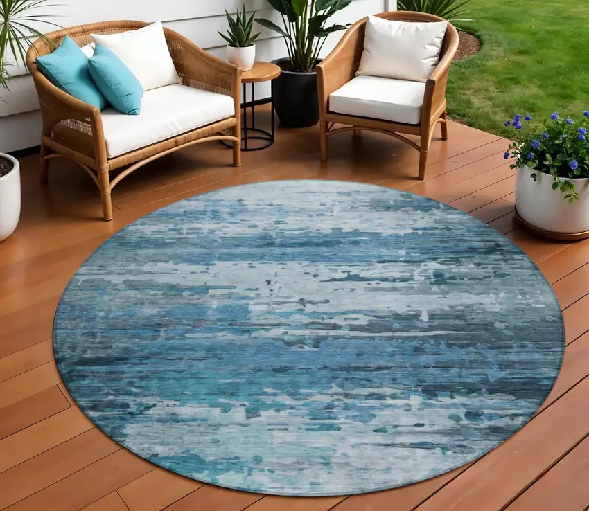 8' Blue And Ivory Round Abstract Washable Indoor Outdoor Area Rug Photo 2