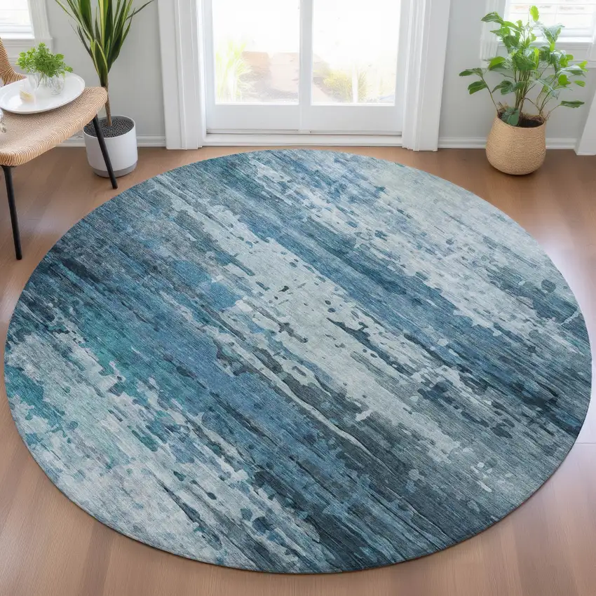 8' Blue And Ivory Round Abstract Washable Indoor Outdoor Area Rug Photo 5