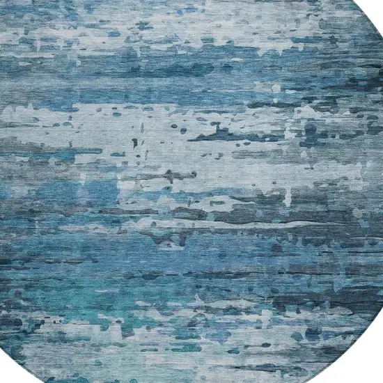 8' Blue And Ivory Round Abstract Washable Indoor Outdoor Area Rug Photo 4