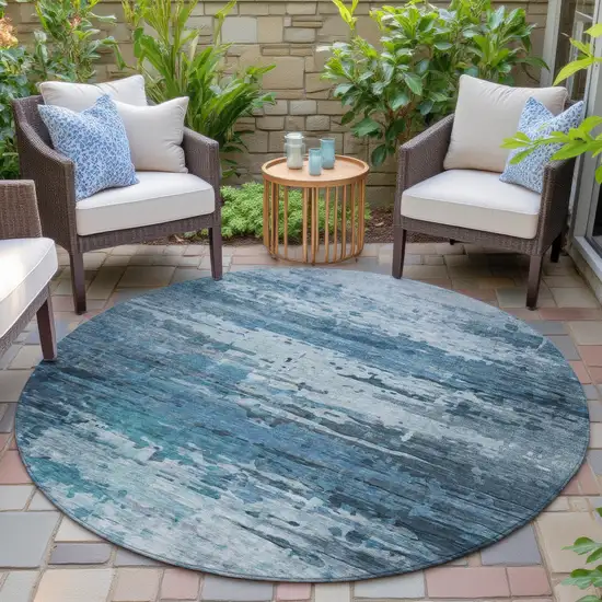 8' Blue And Ivory Round Abstract Washable Indoor Outdoor Area Rug Photo 6