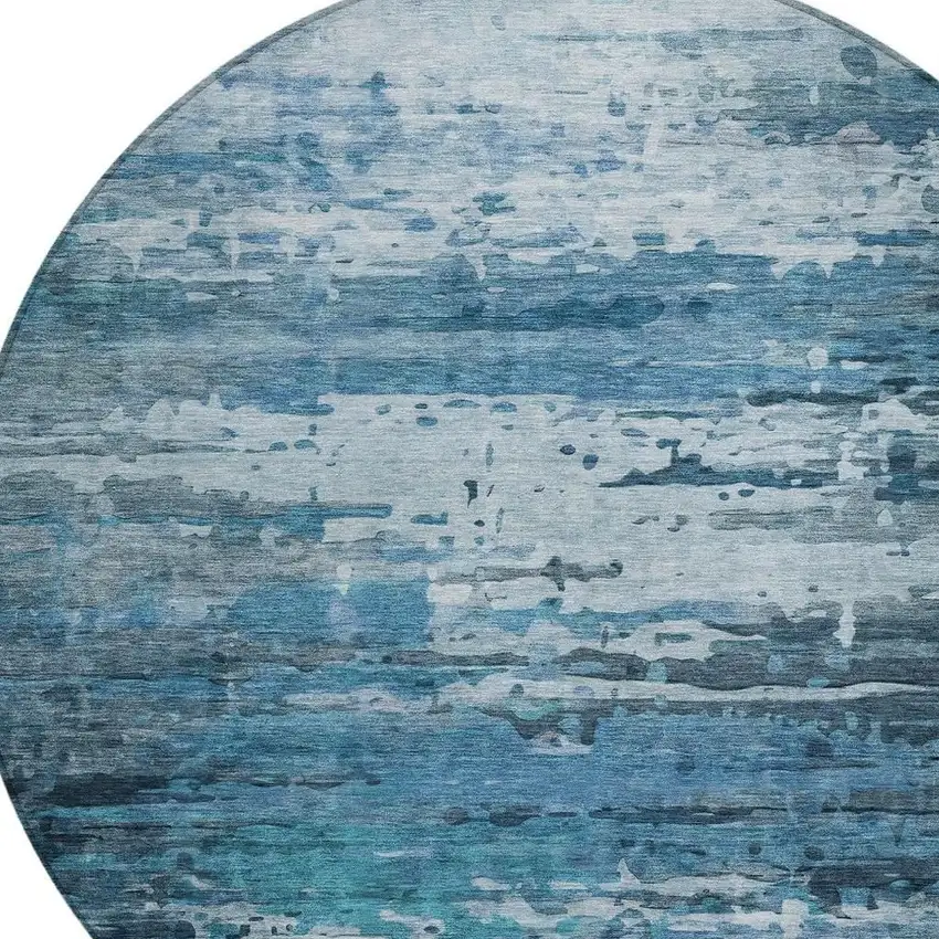 8' Blue And Ivory Round Abstract Washable Indoor Outdoor Area Rug Photo 8