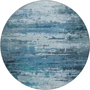 Photo of 8' Blue And Ivory Round Abstract Washable Indoor Outdoor Area Rug