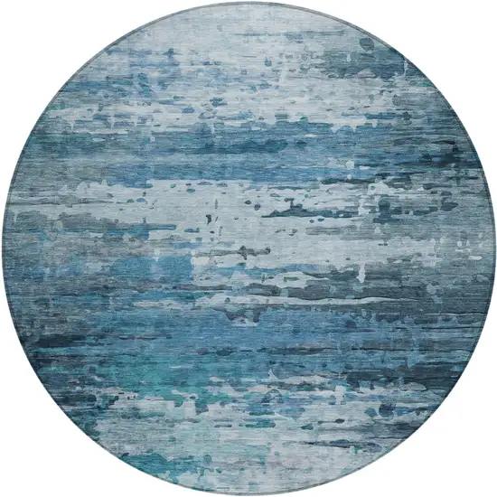 8' Blue And Ivory Round Abstract Washable Indoor Outdoor Area Rug Photo 1