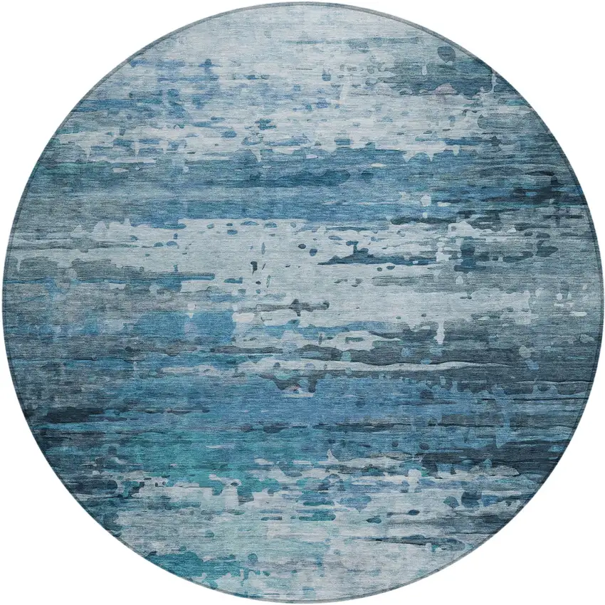 8' Blue And Ivory Round Abstract Washable Indoor Outdoor Area Rug Photo 1