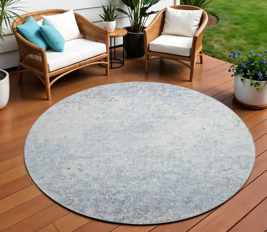 8' Blue And Ivory Round Abstract Washable Indoor Outdoor Area Rug Photo 1