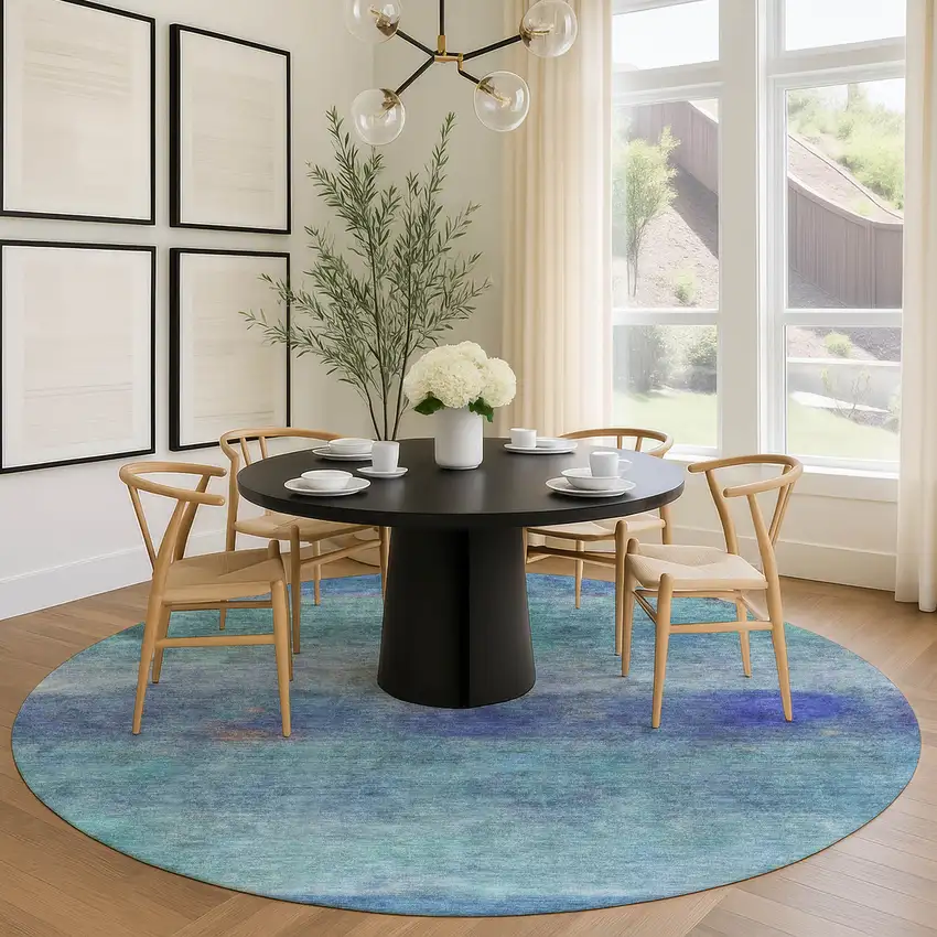 8' Blue And Ivory Round Abstract Washable Indoor Outdoor Area Rug Photo 9