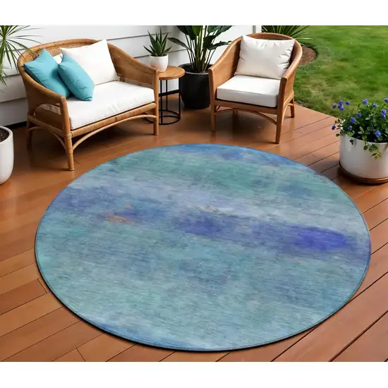 8' Blue And Ivory Round Abstract Washable Indoor Outdoor Area Rug Photo 1