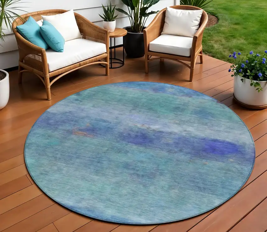 8' Blue And Ivory Round Abstract Washable Indoor Outdoor Area Rug Photo 1