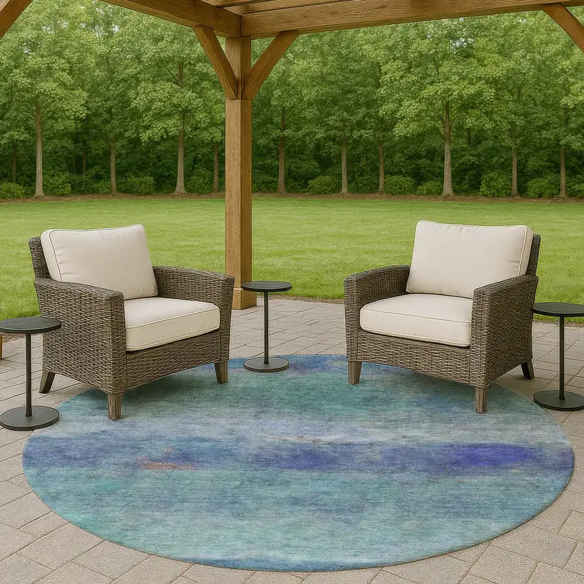 8' Blue And Ivory Round Abstract Washable Indoor Outdoor Area Rug Photo 8