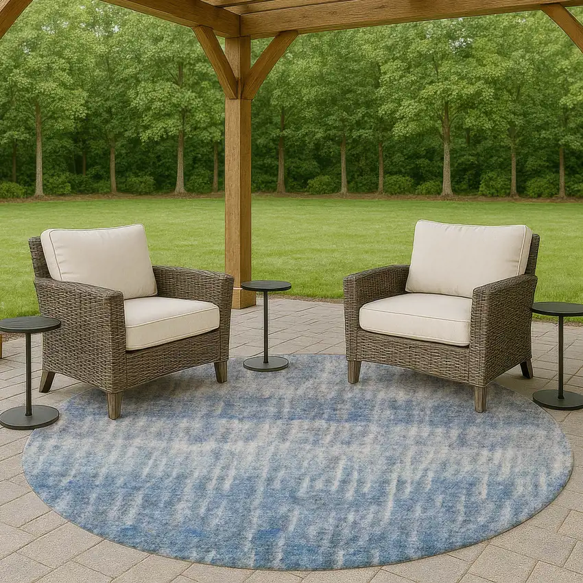 8' Blue And Ivory Round Abstract Washable Indoor Outdoor Area Rug Photo 7