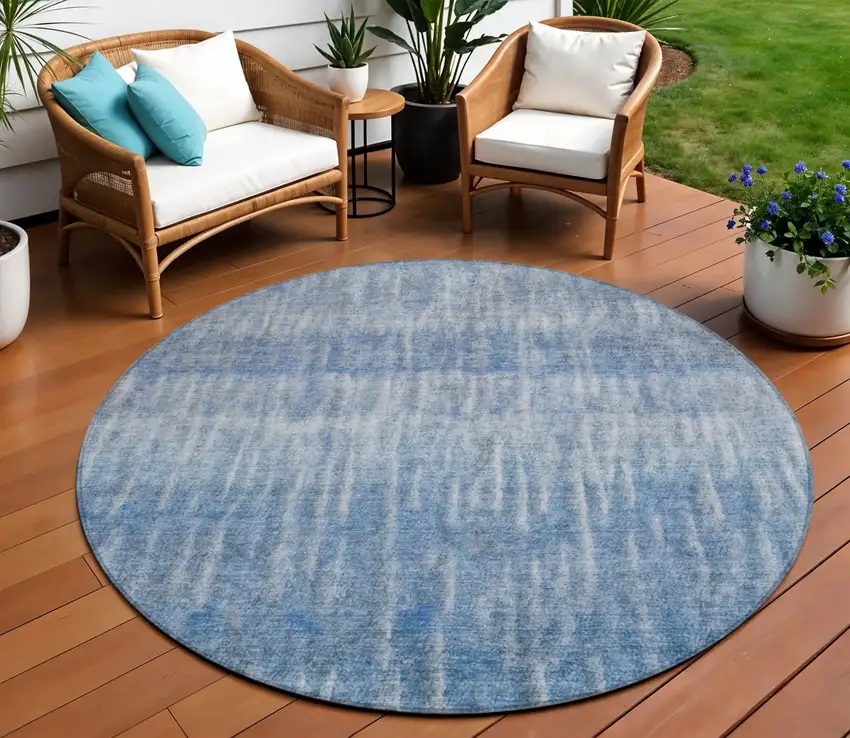 8' Blue And Ivory Round Abstract Washable Indoor Outdoor Area Rug Photo 1