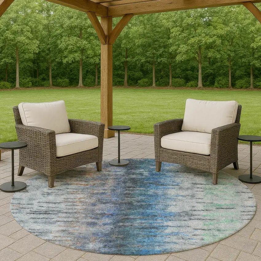 8' Blue And Ivory Round Abstract Washable Indoor Outdoor Area Rug Photo 8