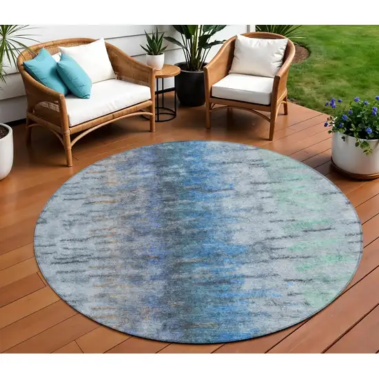 8' Blue And Ivory Round Abstract Washable Indoor Outdoor Area Rug Photo 1