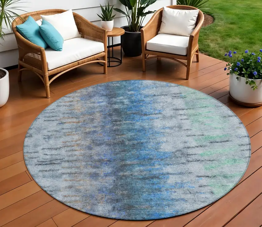 8' Blue And Ivory Round Abstract Washable Indoor Outdoor Area Rug Photo 1