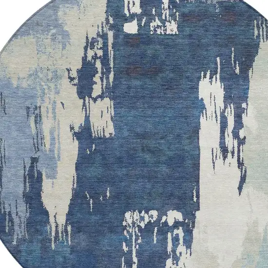 8' Blue And Ivory Round Abstract Washable Indoor Outdoor Area Rug Photo 7