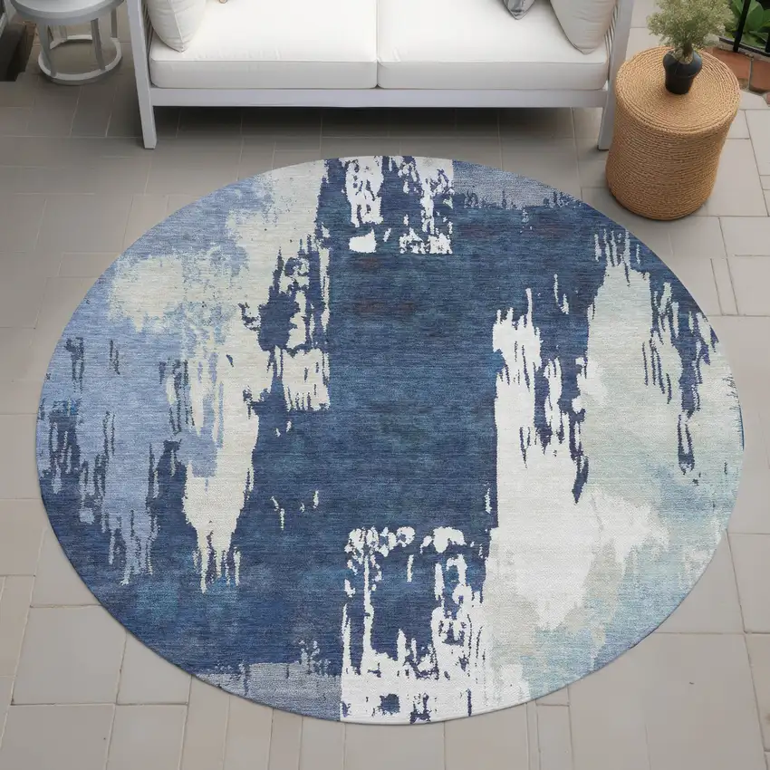8' Blue And Ivory Round Abstract Washable Indoor Outdoor Area Rug Photo 8